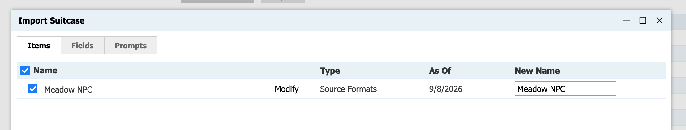 Import Suitcase dialog with the Meadow NPC source format selected